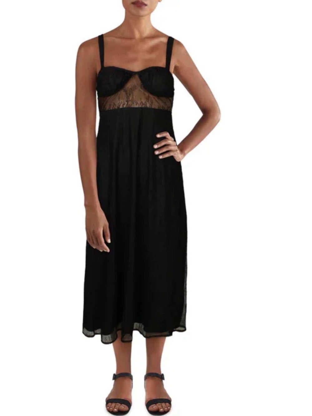 DANIELLE BERNSTEIN Black Lace-Trim Slip Midi Dress